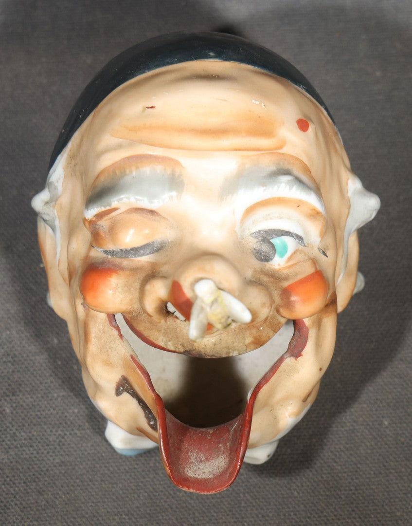 Vintage Figural Open-Mouth Man Ceramic Ashtray with Bee on Nose, Made in Japan