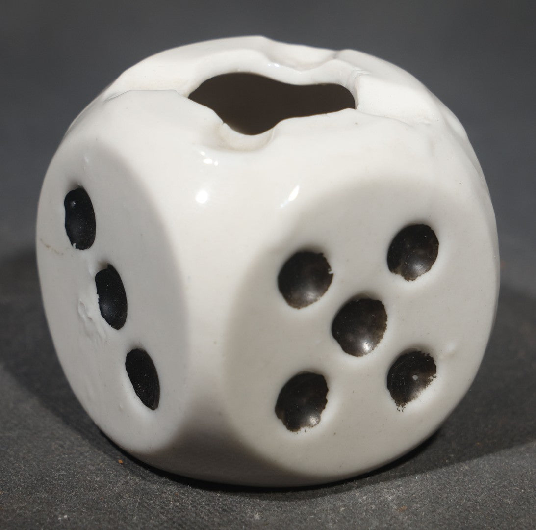 Vintage Ceramic Die-Shaped Ashtray, White Glaze with Black Pips