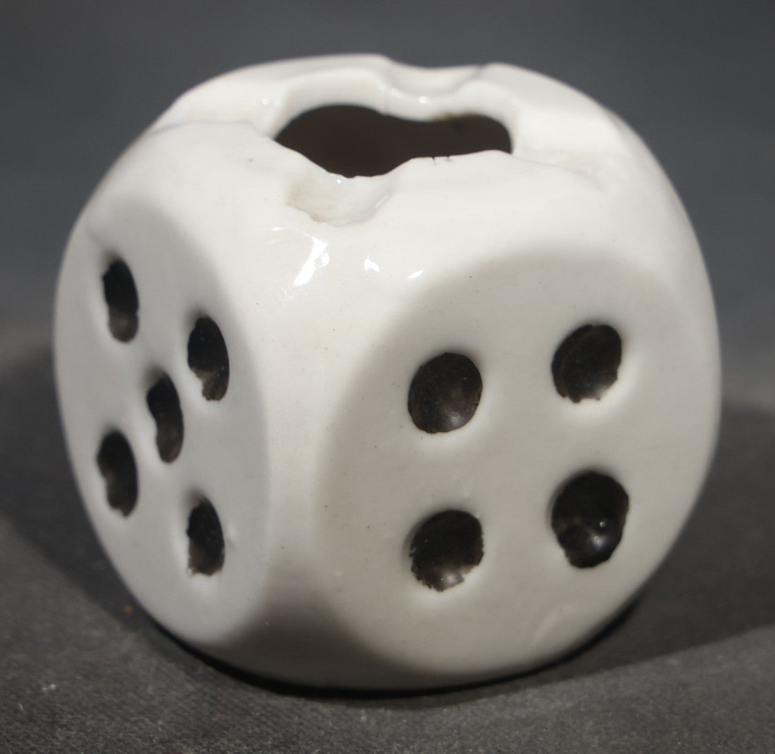 Vintage Ceramic Die-Shaped Ashtray, White Glaze with Black Pips