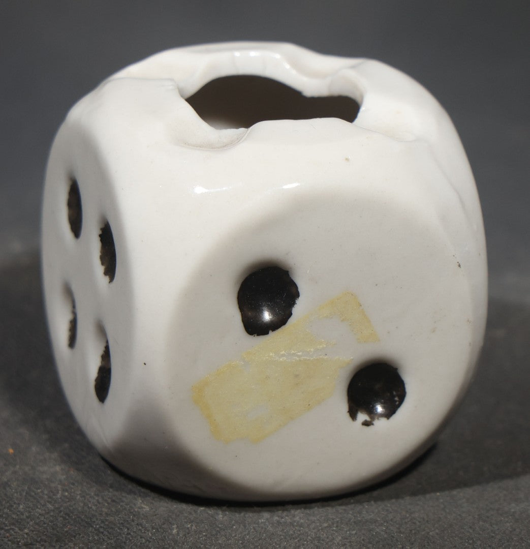 Vintage Ceramic Die-Shaped Ashtray, White Glaze with Black Pips