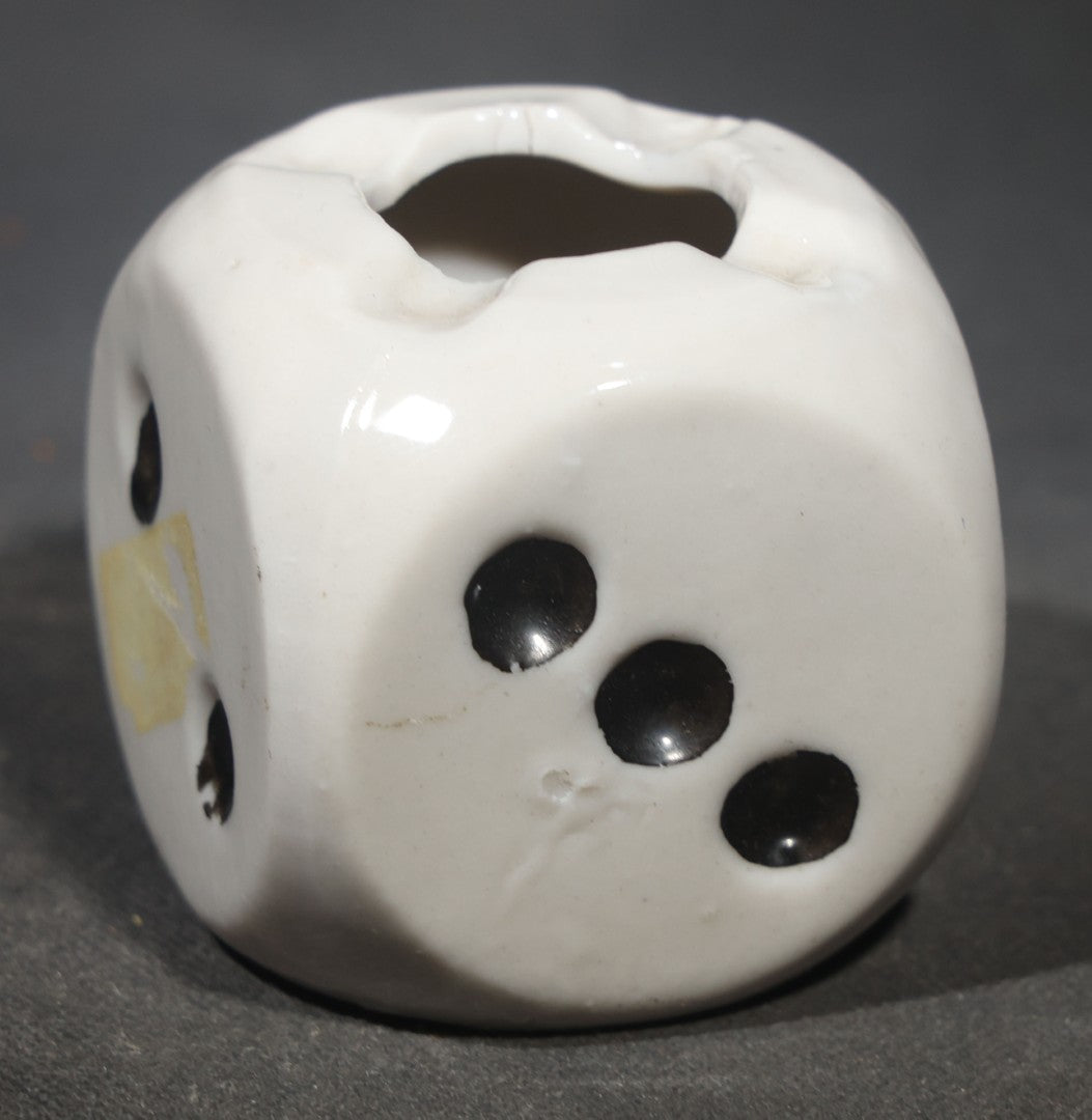 Vintage Ceramic Die-Shaped Ashtray, White Glaze with Black Pips