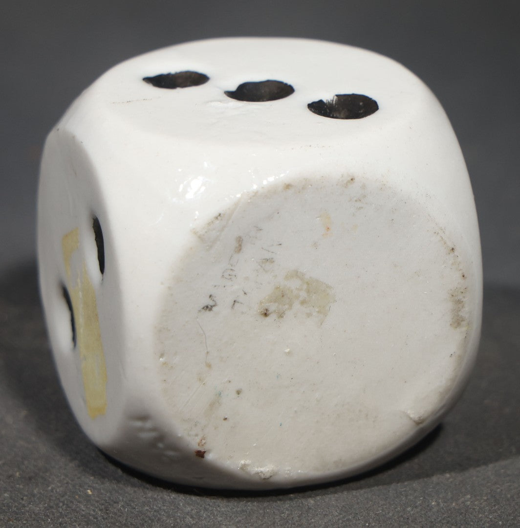 Vintage Ceramic Die-Shaped Ashtray, White Glaze with Black Pips