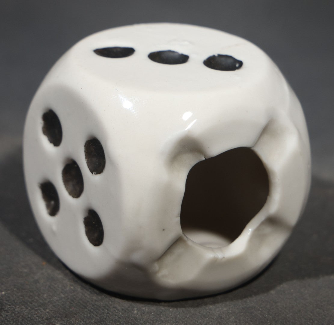 Vintage Ceramic Die-Shaped Ashtray, White Glaze with Black Pips