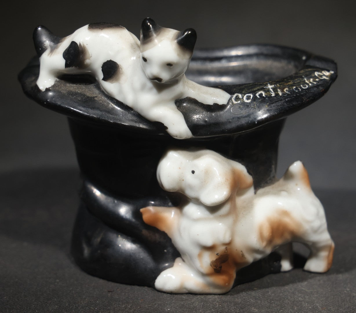 Vintage Ceramic Souvenir Top Hat Ashtray with Cat and Dog, Inscribed "Coaticook, Que.," Quebec, Canada