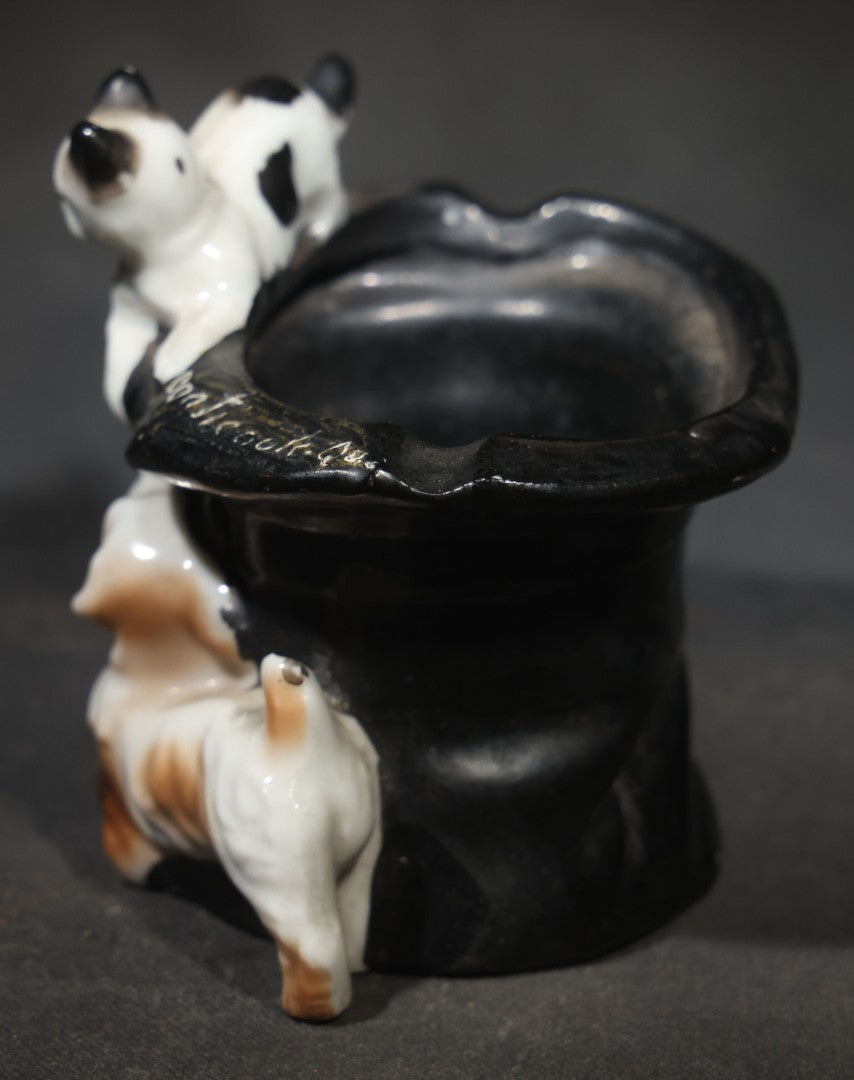 Vintage Ceramic Souvenir Top Hat Ashtray with Cat and Dog, Inscribed "Coaticook, Que.," Quebec, Canada