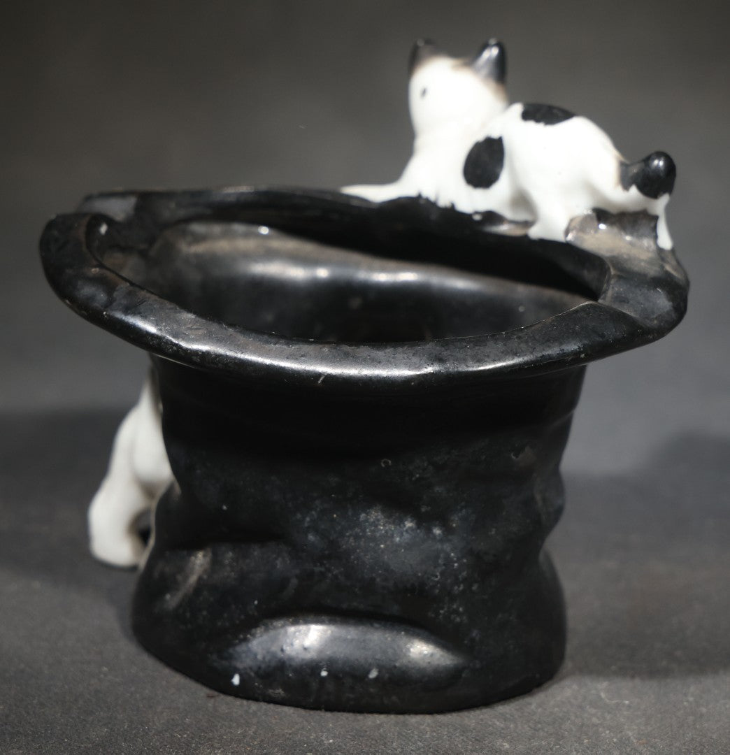 Vintage Ceramic Souvenir Top Hat Ashtray with Cat and Dog, Inscribed "Coaticook, Que.," Quebec, Canada
