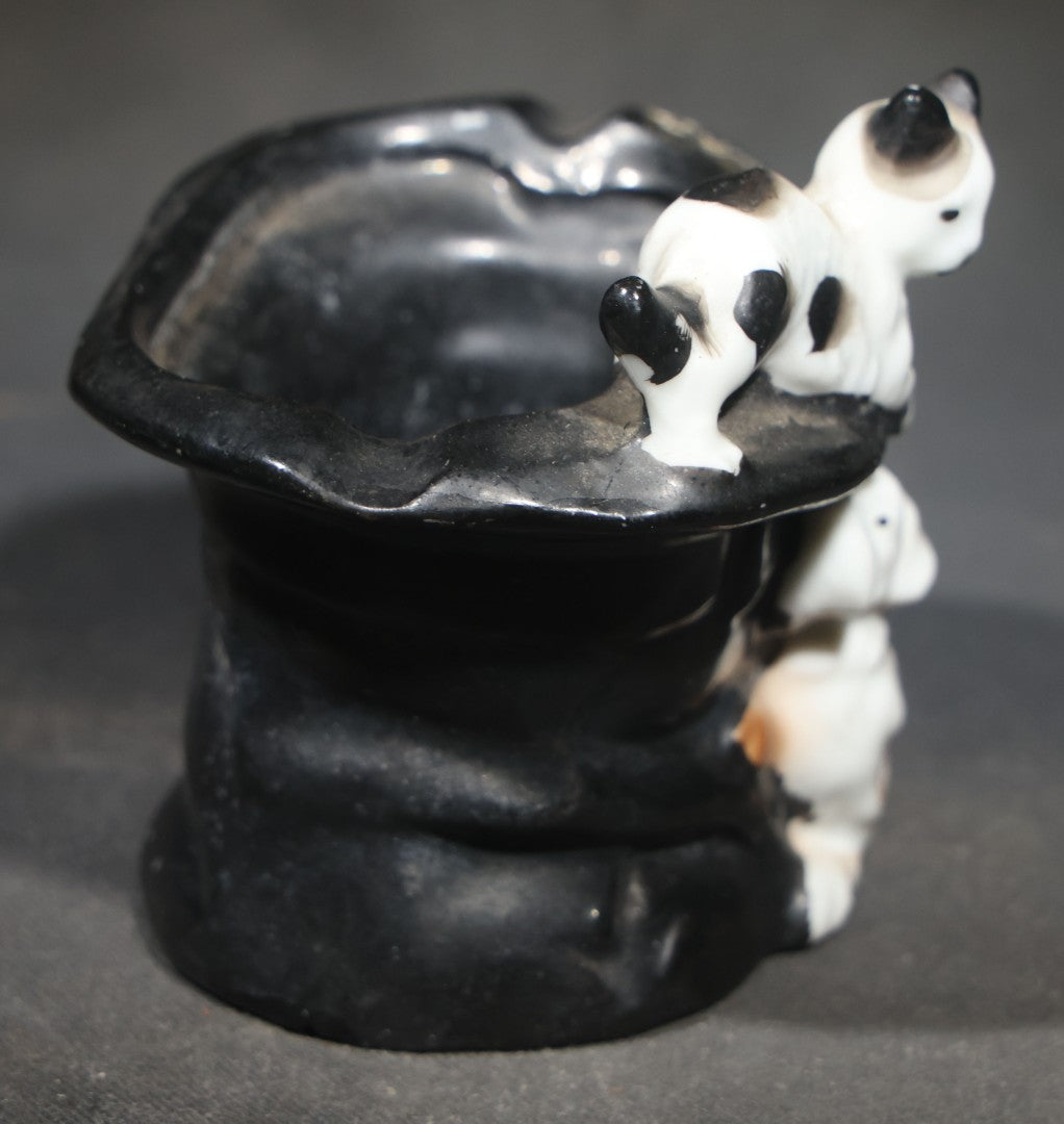 Vintage Ceramic Souvenir Top Hat Ashtray with Cat and Dog, Inscribed "Coaticook, Que.," Quebec, Canada