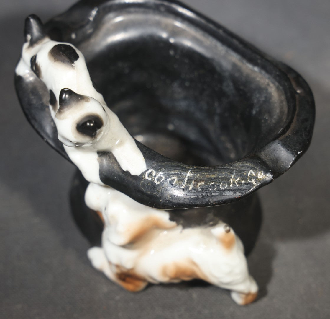 Vintage Ceramic Souvenir Top Hat Ashtray with Cat and Dog, Inscribed "Coaticook, Que.," Quebec, Canada