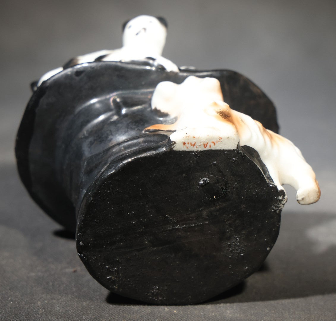 Vintage Ceramic Souvenir Top Hat Ashtray with Cat and Dog, Inscribed "Coaticook, Que.," Quebec, Canada