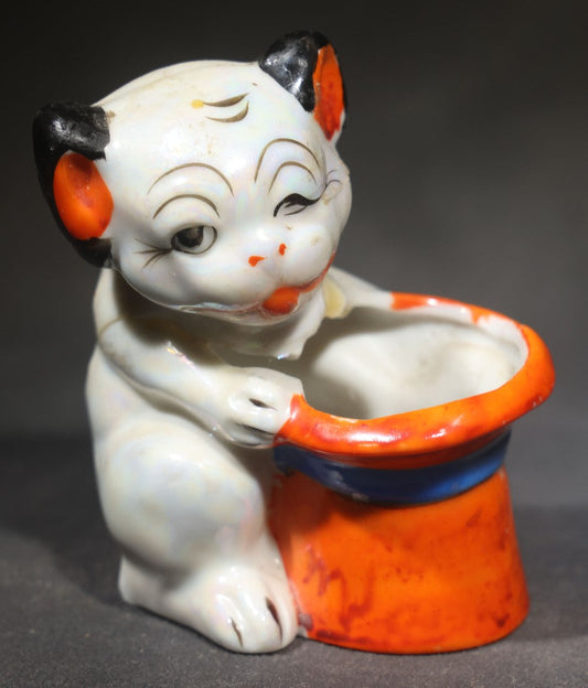 Vintage Lusterware Winking Dog with Top Hat Ceramic Figurine Ashtray, Made in Japan, Note Broken, Damaged, and Repaired