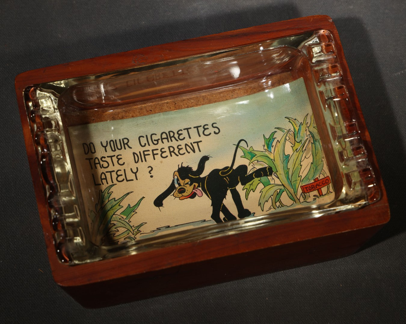 Vintage Novelty Postcard Ashtray with Wood Base and Glass Tray, Includes "Do Your Cigarettes Taste Different Lately?" Dog and Tobacco Comic Postcard, Made in U.S.A.
