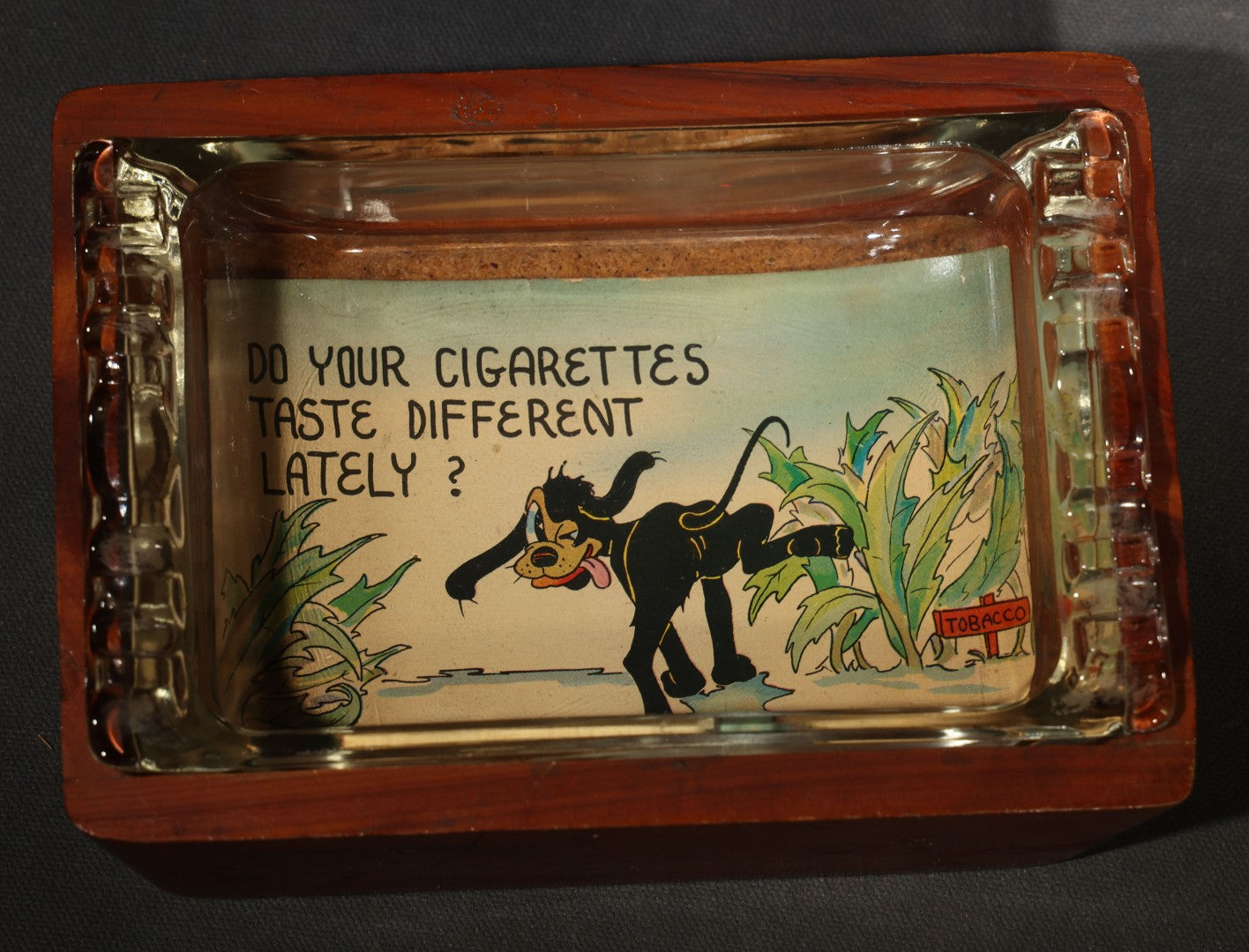 Vintage Novelty Postcard Ashtray with Wood Base and Glass Tray, Includes "Do Your Cigarettes Taste Different Lately?" Dog and Tobacco Comic Postcard, Made in U.S.A.