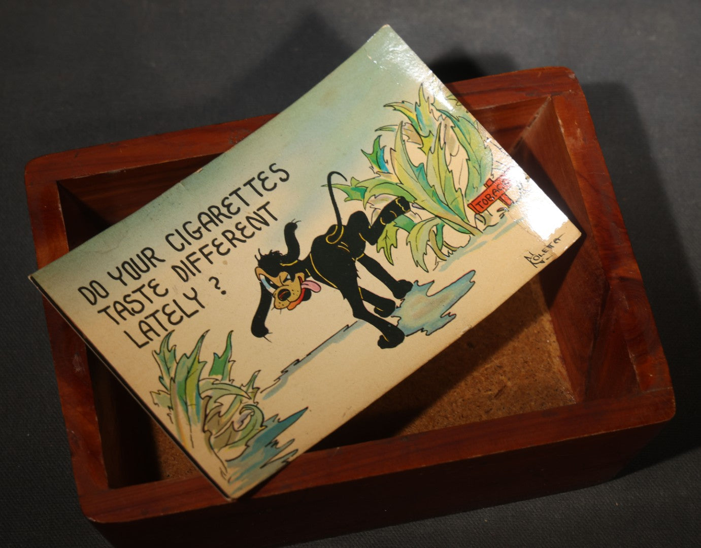 Vintage Novelty Postcard Ashtray with Wood Base and Glass Tray, Includes "Do Your Cigarettes Taste Different Lately?" Dog and Tobacco Comic Postcard, Made in U.S.A.