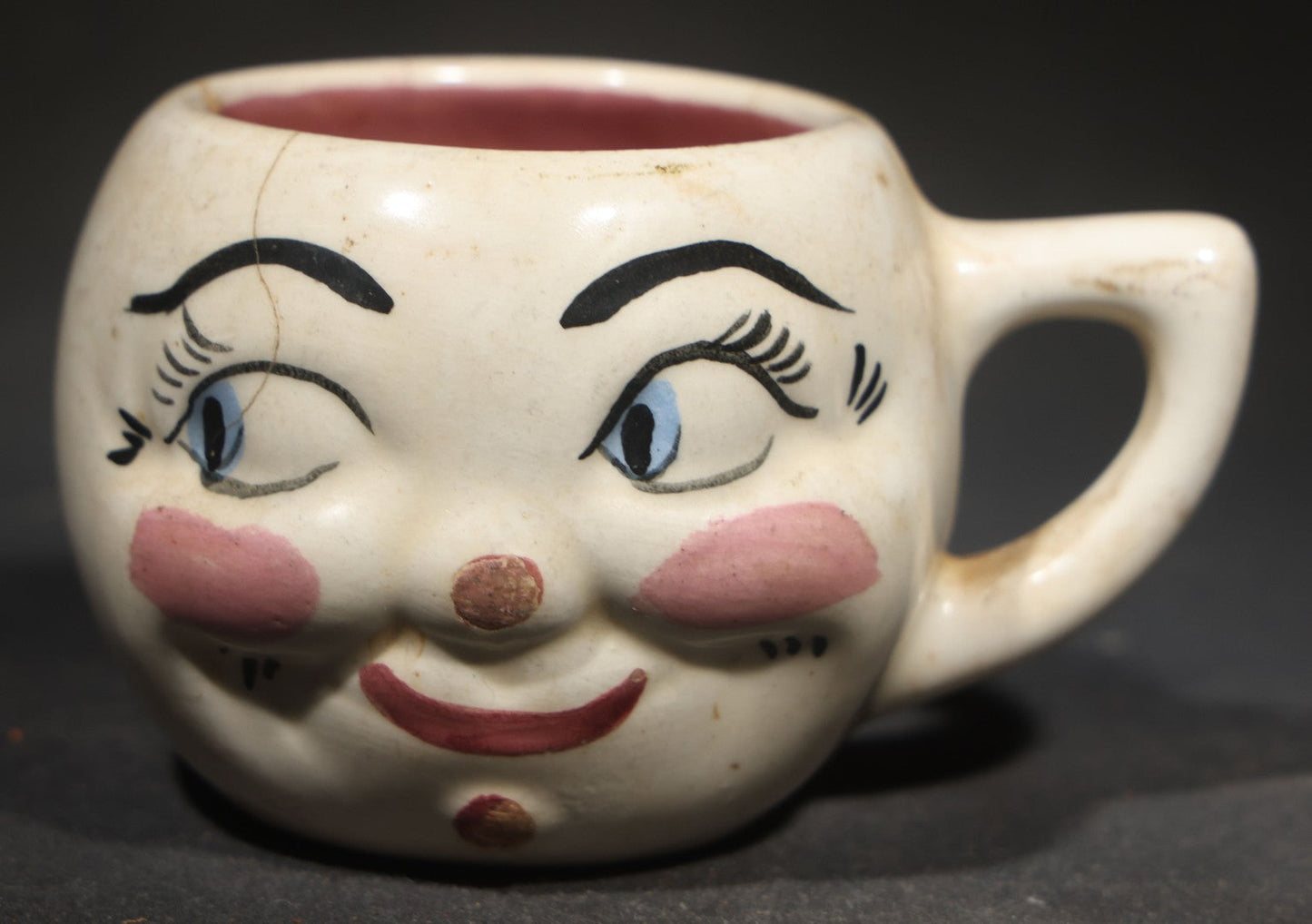 Vintage Handmade Ceramic Face Mug gift for "Maria" with "All Gone" Interior, Handmade by M. Riley, Hanover, Pennsylvania, 1927, Chipped, Broken, and Repaired