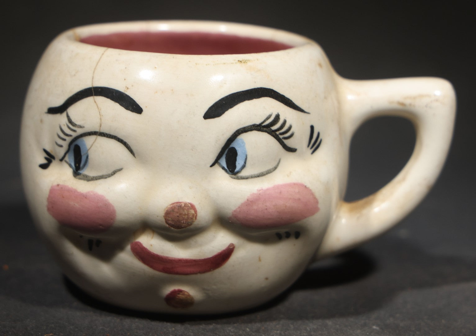 Vintage Handmade Ceramic Face Mug gift for "Maria" with "All Gone" Interior, Handmade by M. Riley, Hanover, Pennsylvania, 1927, Chipped, Broken, and Repaired