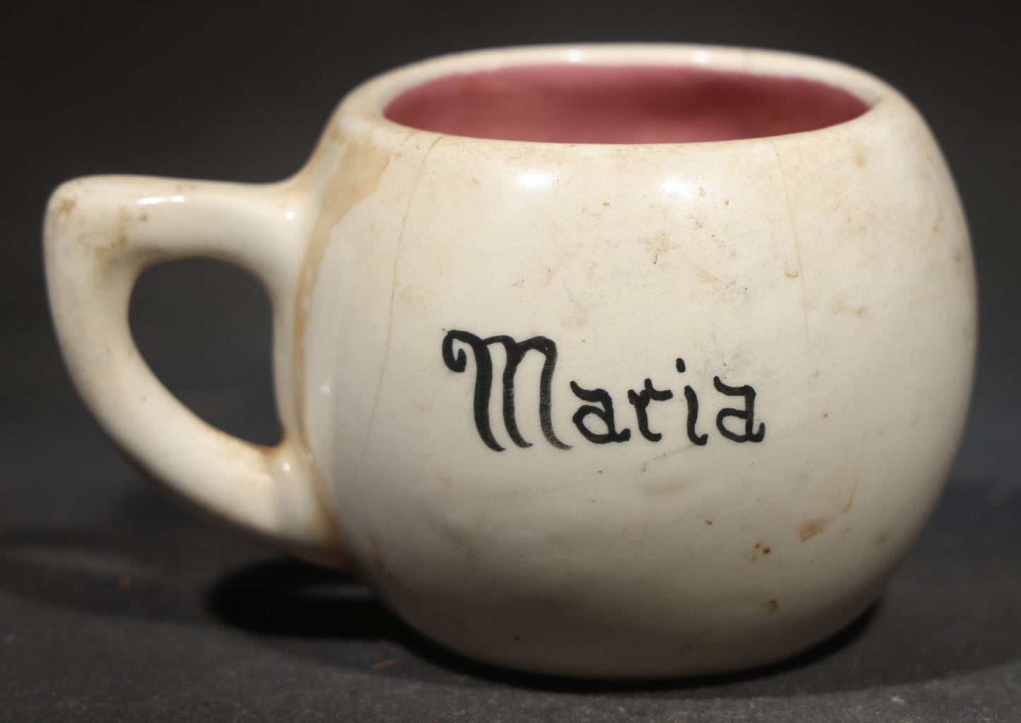 Vintage Handmade Ceramic Face Mug gift for "Maria" with "All Gone" Interior, Handmade by M. Riley, Hanover, Pennsylvania, 1927, Chipped, Broken, and Repaired