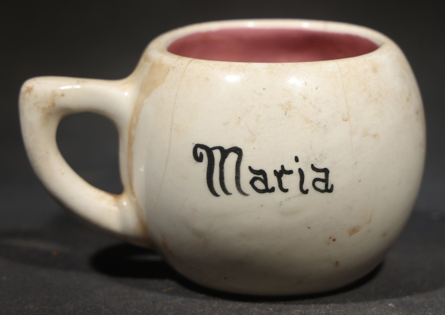 Vintage Handmade Ceramic Face Mug gift for "Maria" with "All Gone" Interior, Handmade by M. Riley, Hanover, Pennsylvania, 1927, Chipped, Broken, and Repaired