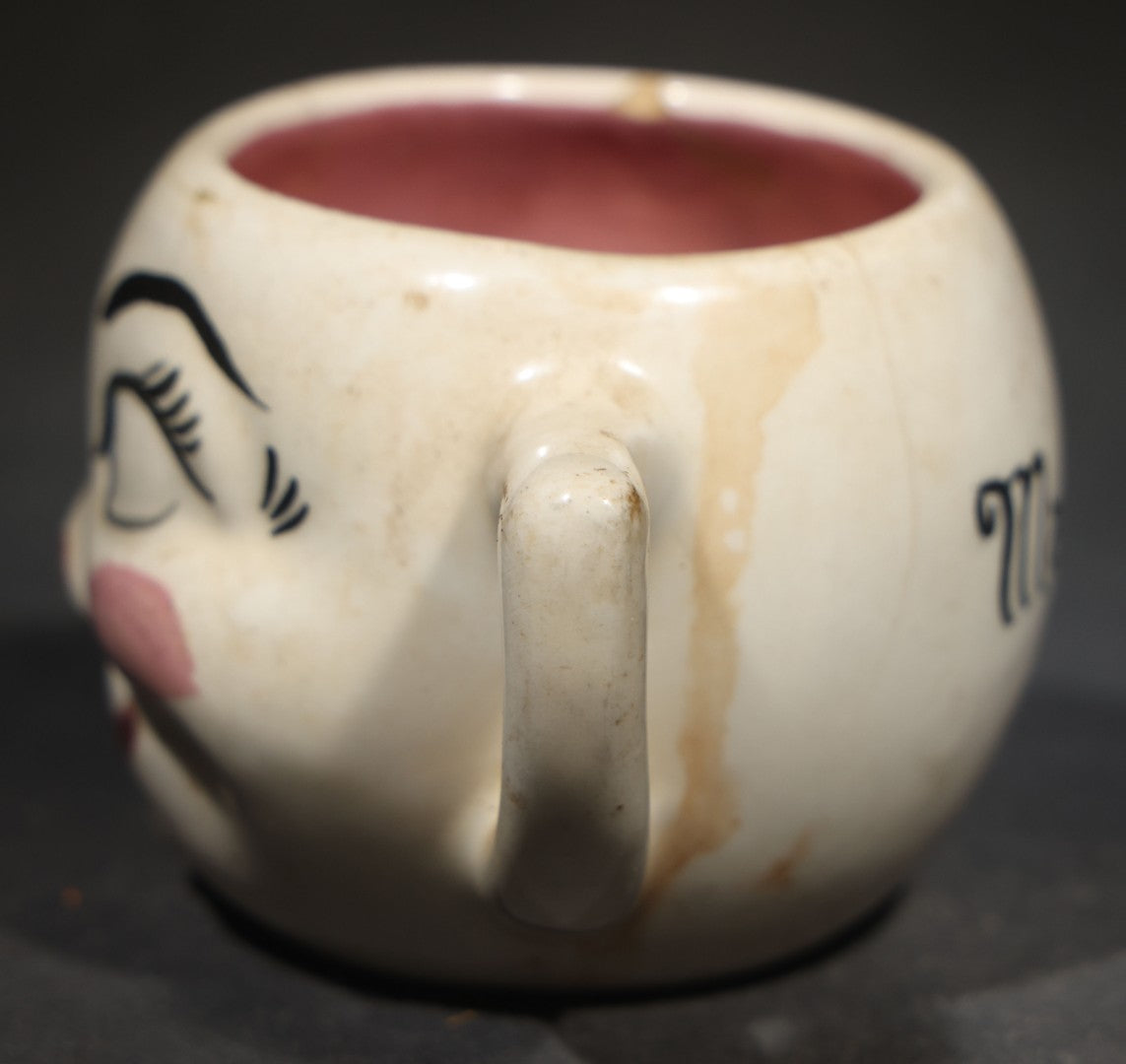 Vintage Handmade Ceramic Face Mug gift for "Maria" with "All Gone" Interior, Handmade by M. Riley, Hanover, Pennsylvania, 1927, Chipped, Broken, and Repaired