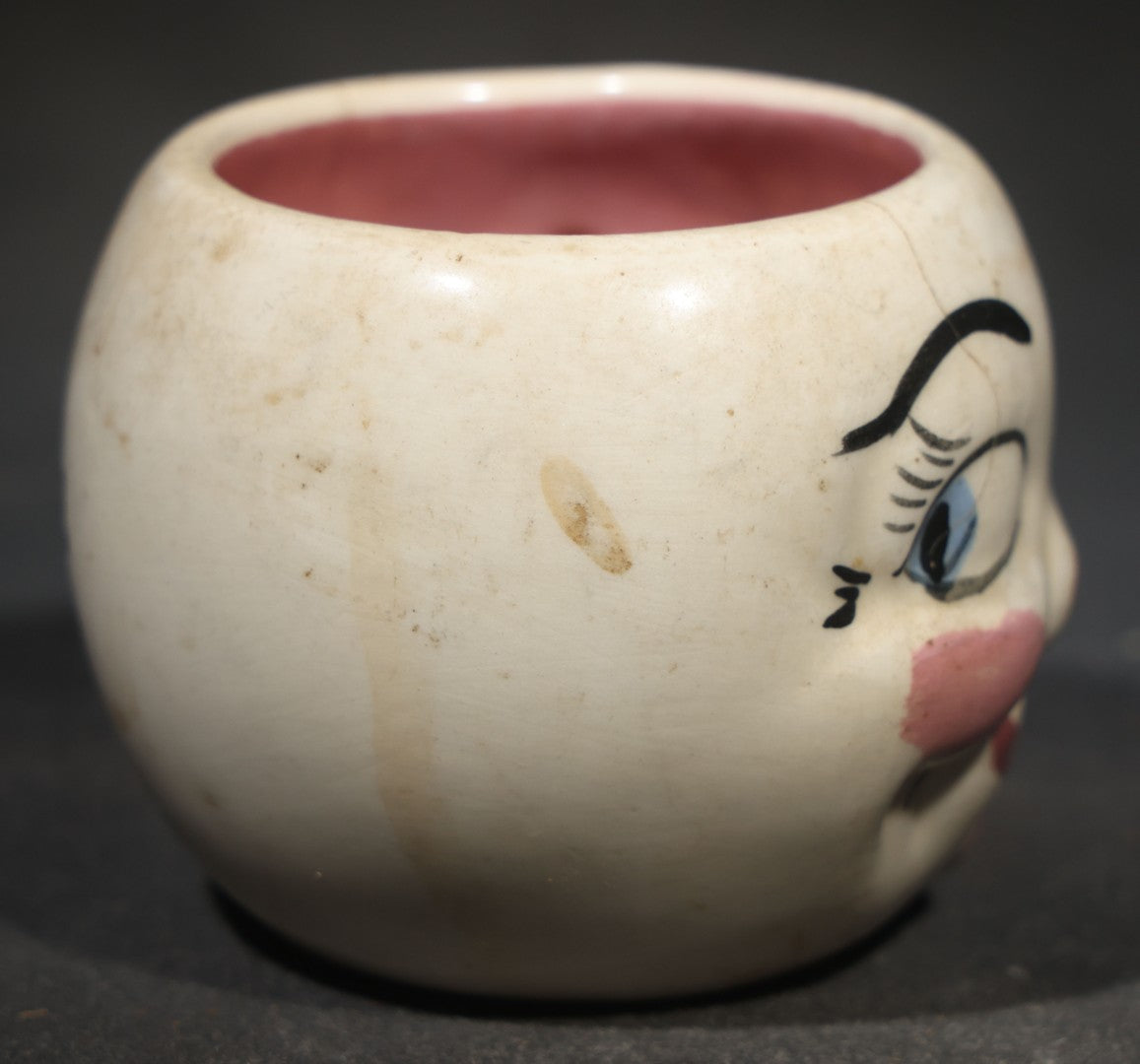 Vintage Handmade Ceramic Face Mug gift for "Maria" with "All Gone" Interior, Handmade by M. Riley, Hanover, Pennsylvania, 1927, Chipped, Broken, and Repaired