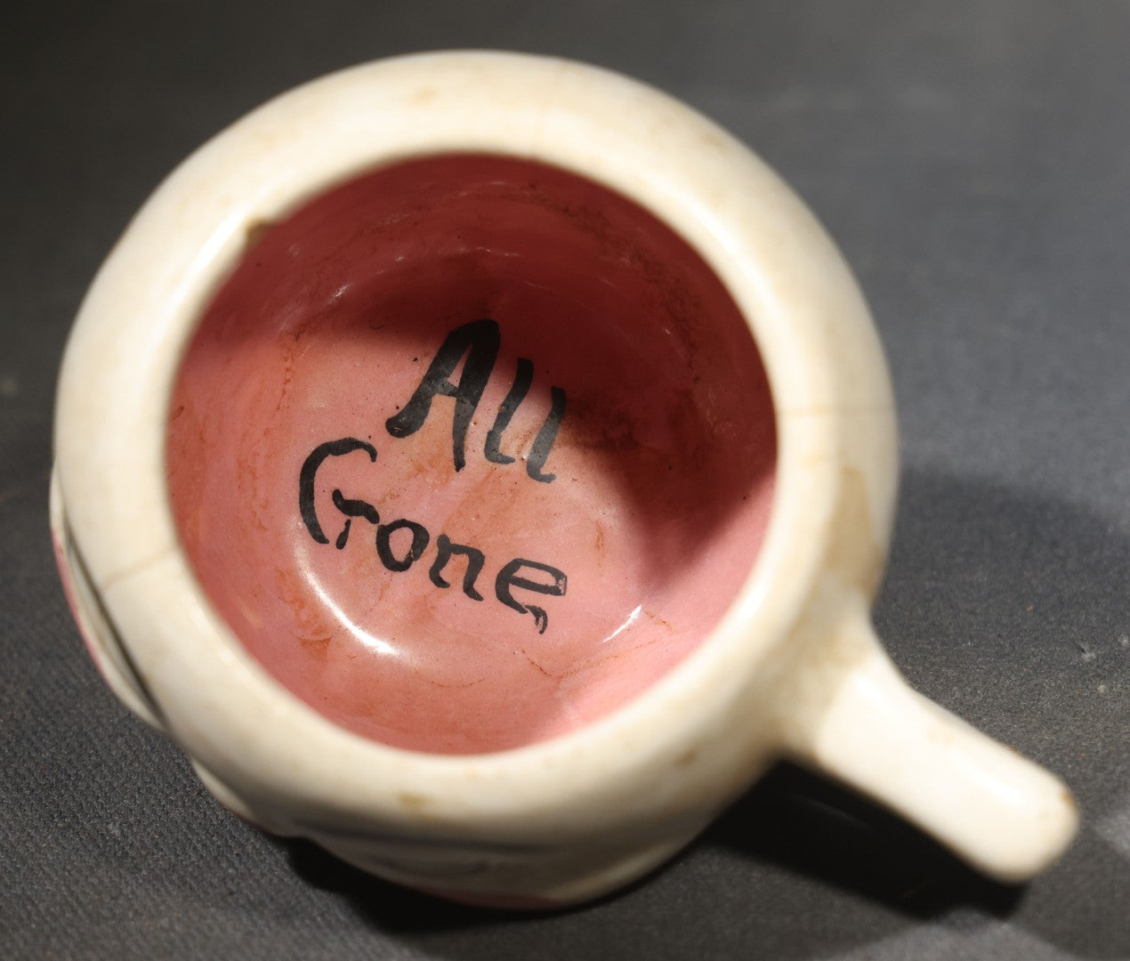 Vintage Handmade Ceramic Face Mug gift for "Maria" with "All Gone" Interior, Handmade by M. Riley, Hanover, Pennsylvania, 1927, Chipped, Broken, and Repaired