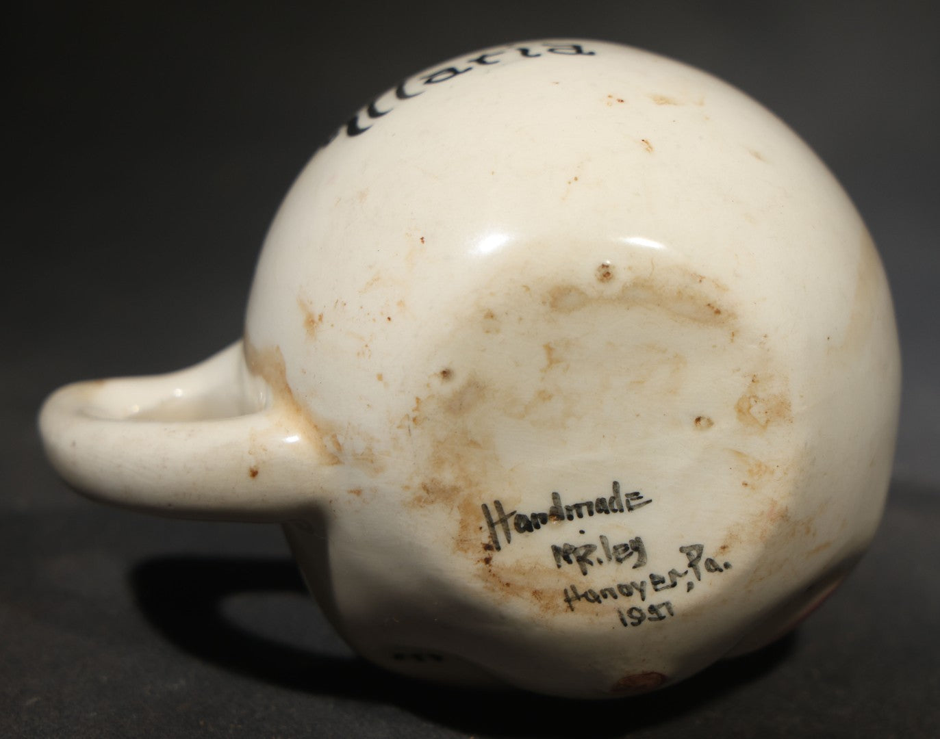 Vintage Handmade Ceramic Face Mug gift for "Maria" with "All Gone" Interior, Handmade by M. Riley, Hanover, Pennsylvania, 1927, Chipped, Broken, and Repaired