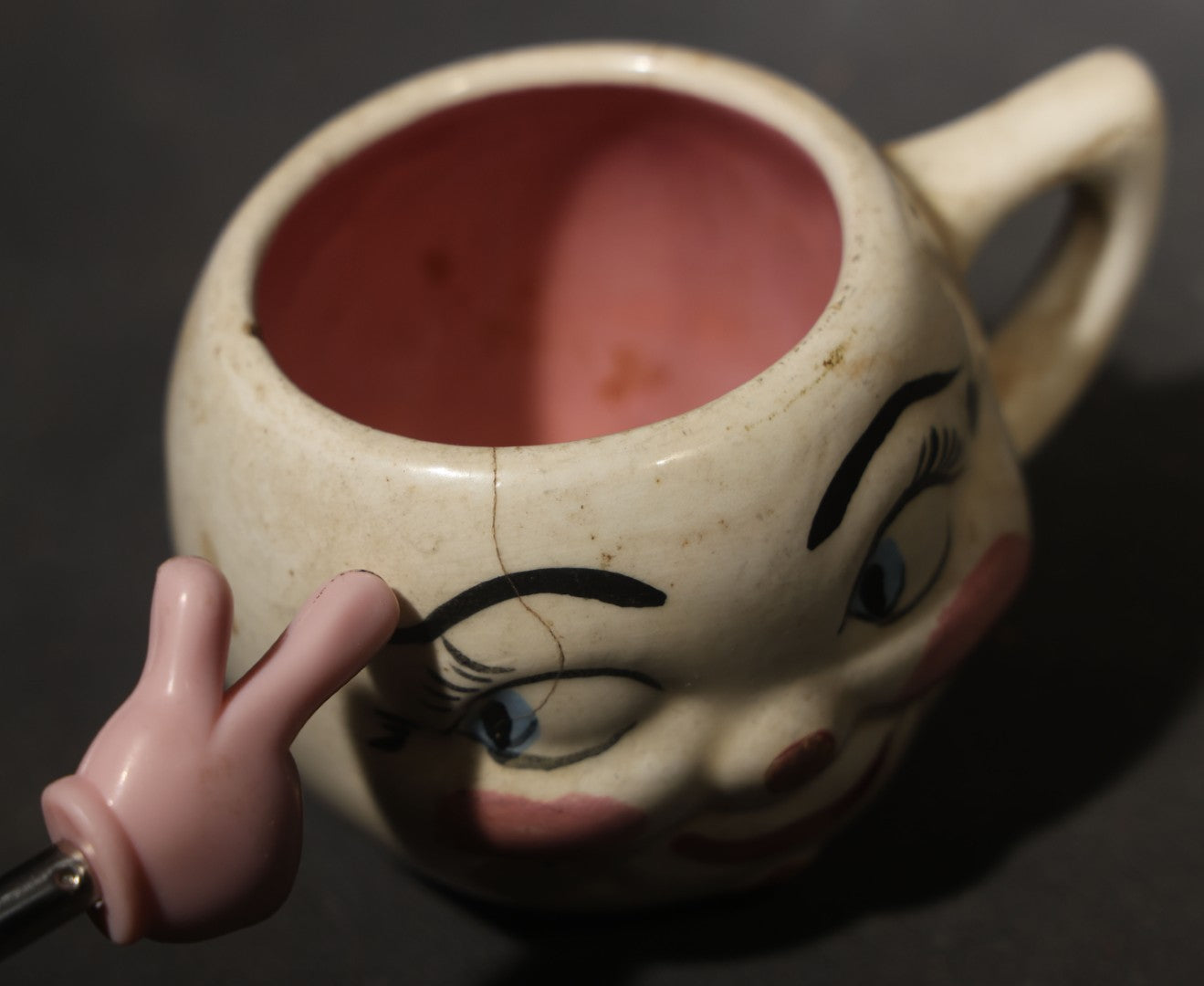Vintage Handmade Ceramic Face Mug gift for "Maria" with "All Gone" Interior, Handmade by M. Riley, Hanover, Pennsylvania, 1927, Chipped, Broken, and Repaired