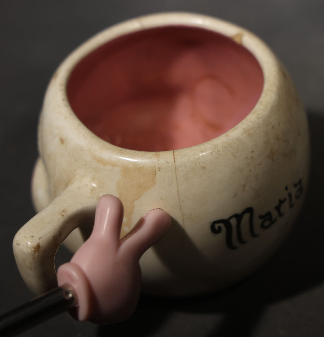 Vintage Handmade Ceramic Face Mug gift for "Maria" with "All Gone" Interior, Handmade by M. Riley, Hanover, Pennsylvania, 1927, Chipped, Broken, and Repaired
