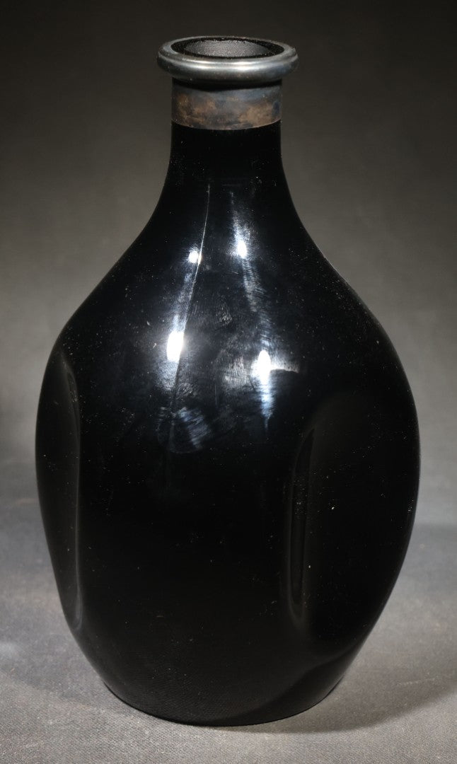 Antique Black Glass "Rye" Back Bar Bottle with Silver Overlay Script Lettering, Pinched Body, and Metal Collar