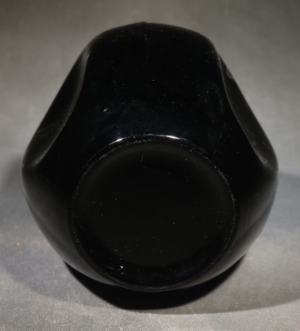Antique Black Glass "Rye" Back Bar Bottle with Silver Overlay Script Lettering, Pinched Body, and Metal Collar