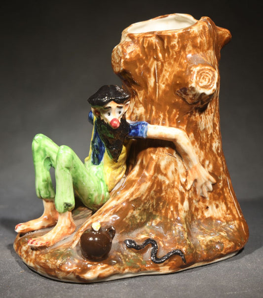 Vintage "Blue Ridge Mt. Boys" Figural Pitcher by Paul Webb, Barefoot Man Leaning Against Tree Stump with Jug and Snake, Manufactured by Imperial Porcelain Corp., Zanesville, Ohio, 1946