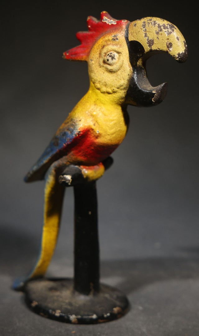 Vintage Painted Cast Iron Figural Cockatoo Bottle Opener on Round Base