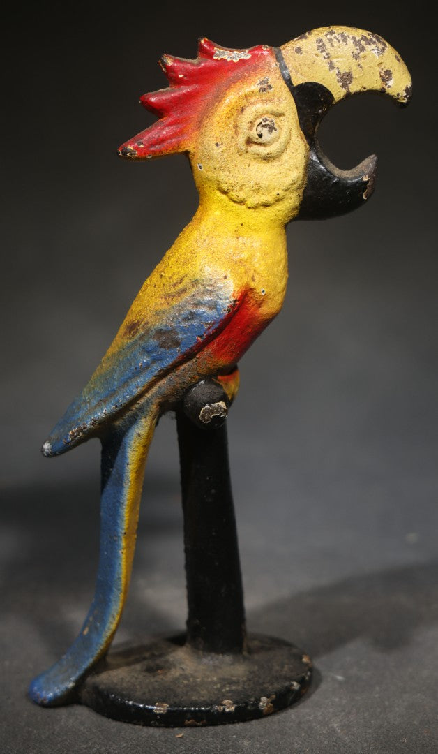 Vintage Painted Cast Iron Figural Cockatoo Bottle Opener on Round Base
