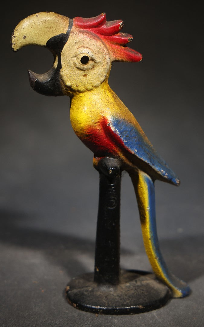 Vintage Painted Cast Iron Figural Cockatoo Bottle Opener on Round Base