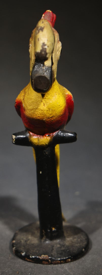 Vintage Painted Cast Iron Figural Cockatoo Bottle Opener on Round Base