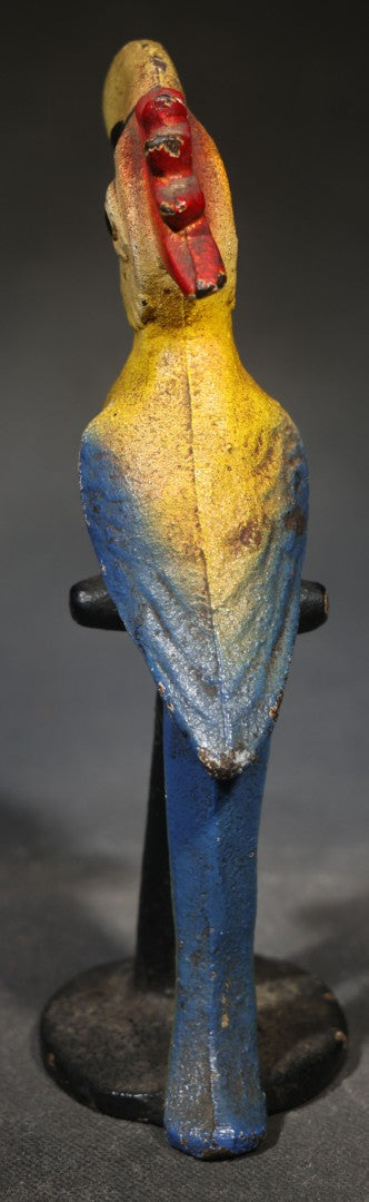 Vintage Painted Cast Iron Figural Cockatoo Bottle Opener on Round Base