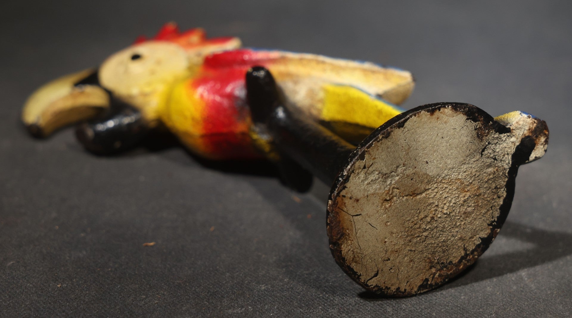 Vintage Painted Cast Iron Figural Cockatoo Bottle Opener on Round Base