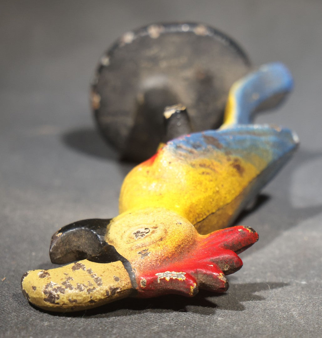 Vintage Painted Cast Iron Figural Cockatoo Bottle Opener on Round Base