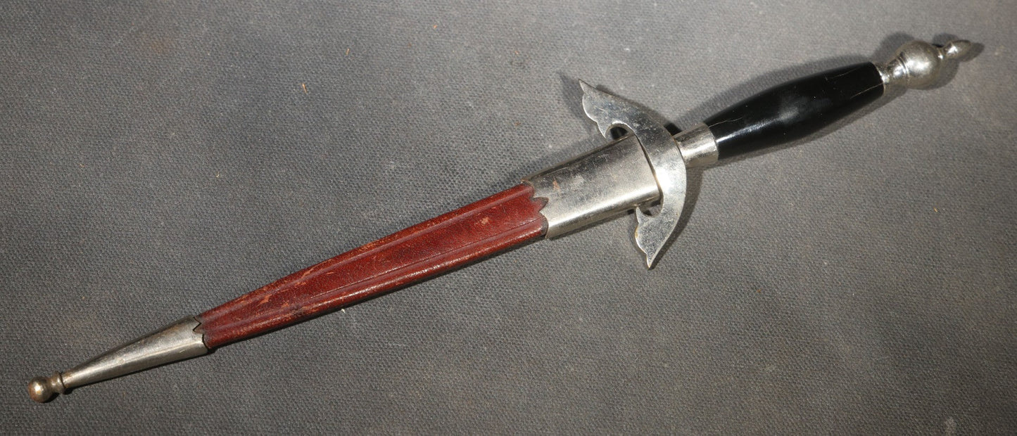 Vintage Dagger-Style Letter Opener with Scabbard, Dark Handle and Red Leather Sheath with Metal Fittings