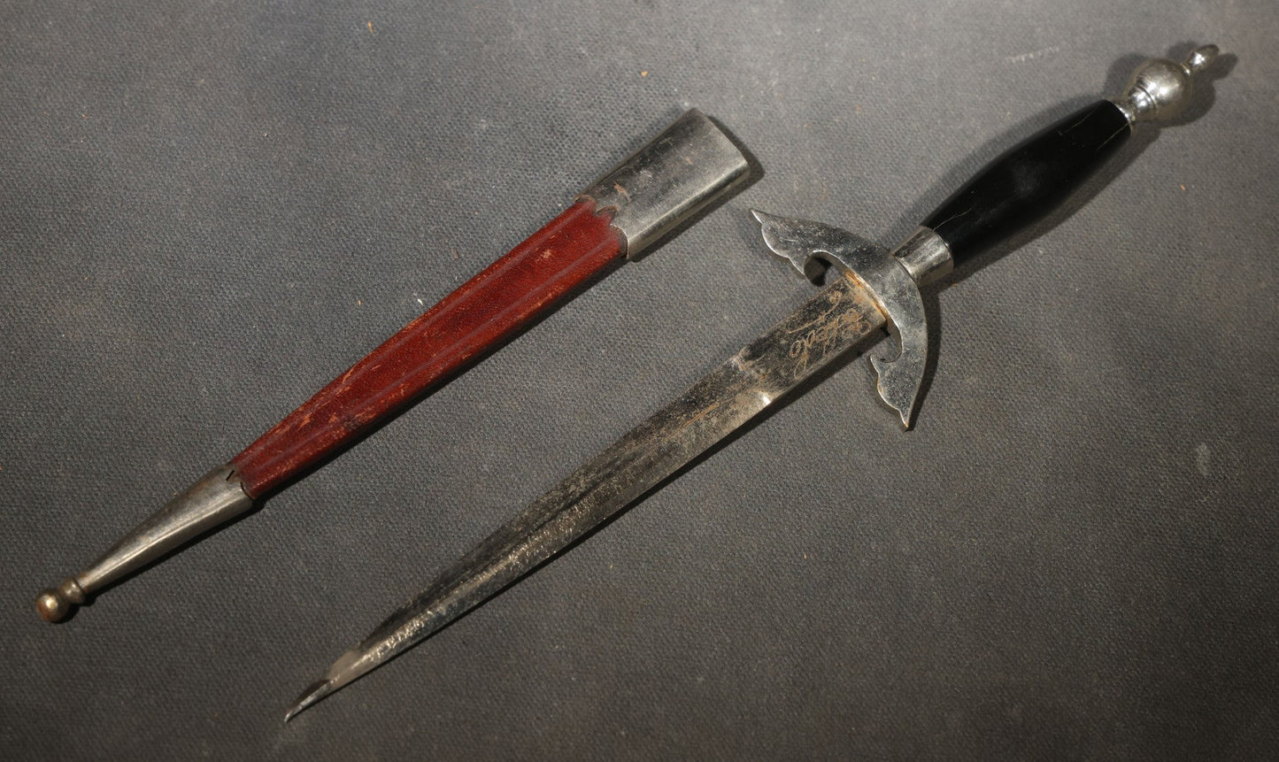 Vintage Dagger-Style Letter Opener with Scabbard, Dark Handle and Red Leather Sheath with Metal Fittings