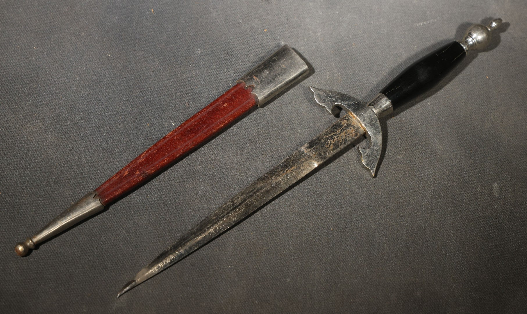 Vintage Dagger-Style Letter Opener with Scabbard, Dark Handle and Red Leather Sheath with Metal Fittings