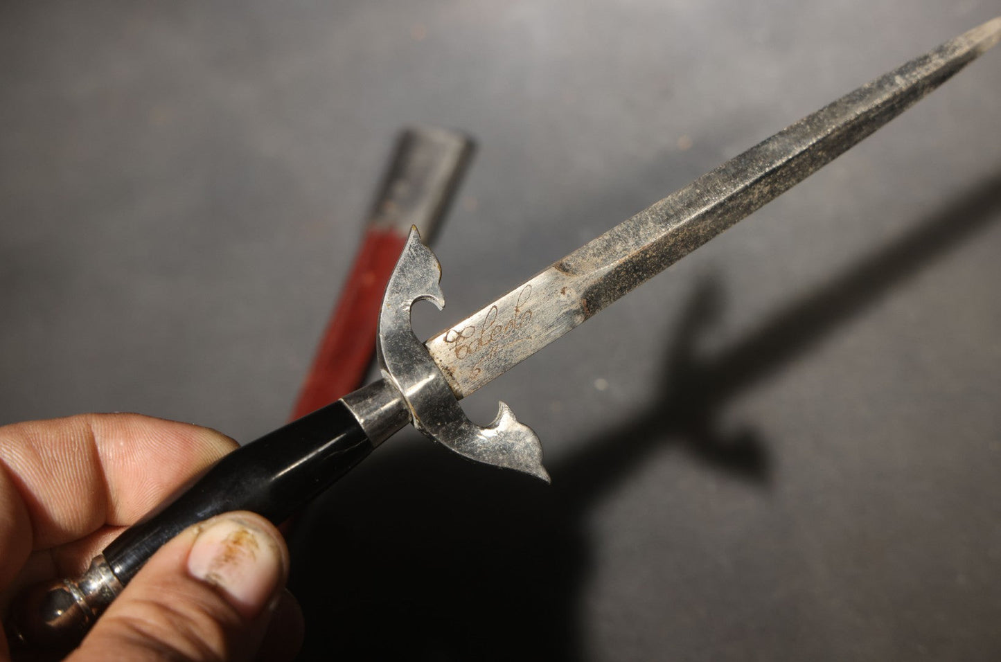 Vintage Dagger-Style Letter Opener with Scabbard, Dark Handle and Red Leather Sheath with Metal Fittings