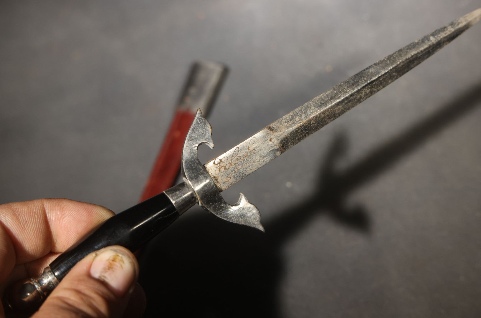 Vintage Dagger-Style Letter Opener with Scabbard, Dark Handle and Red Leather Sheath with Metal Fittings