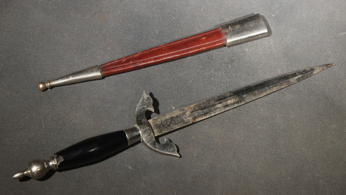 Vintage Dagger-Style Letter Opener with Scabbard, Dark Handle and Red Leather Sheath with Metal Fittings