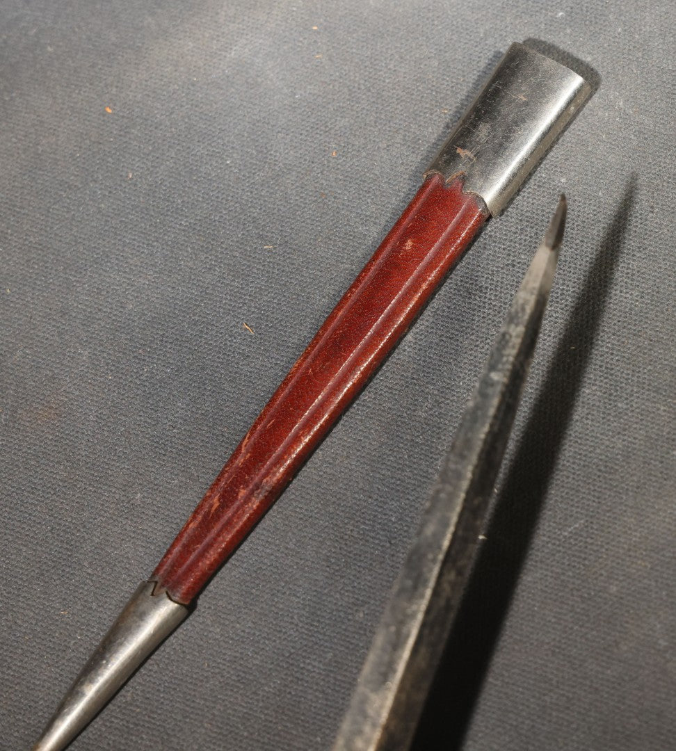 Vintage Dagger-Style Letter Opener with Scabbard, Dark Handle and Red Leather Sheath with Metal Fittings
