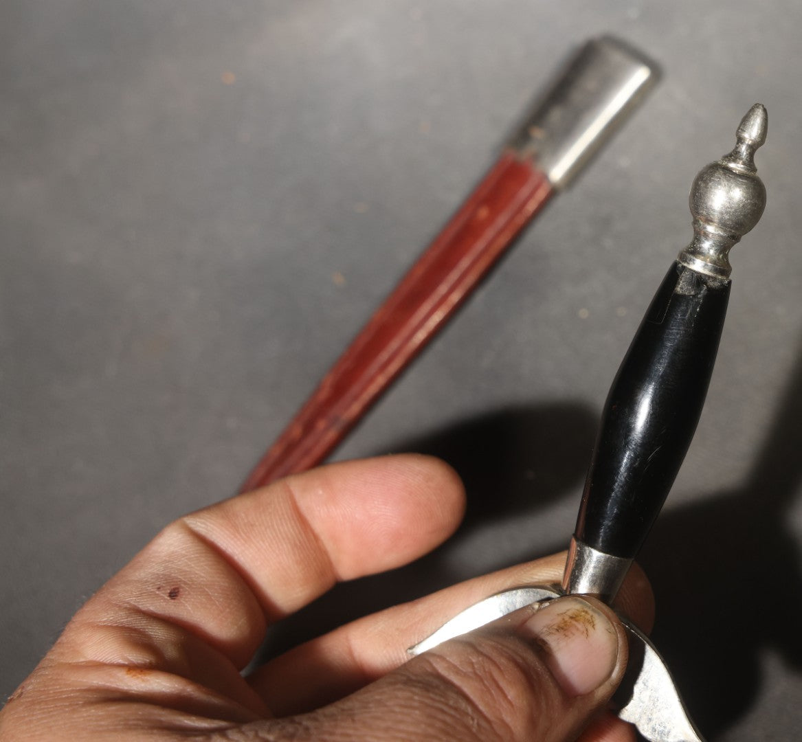 Vintage Dagger-Style Letter Opener with Scabbard, Dark Handle and Red Leather Sheath with Metal Fittings