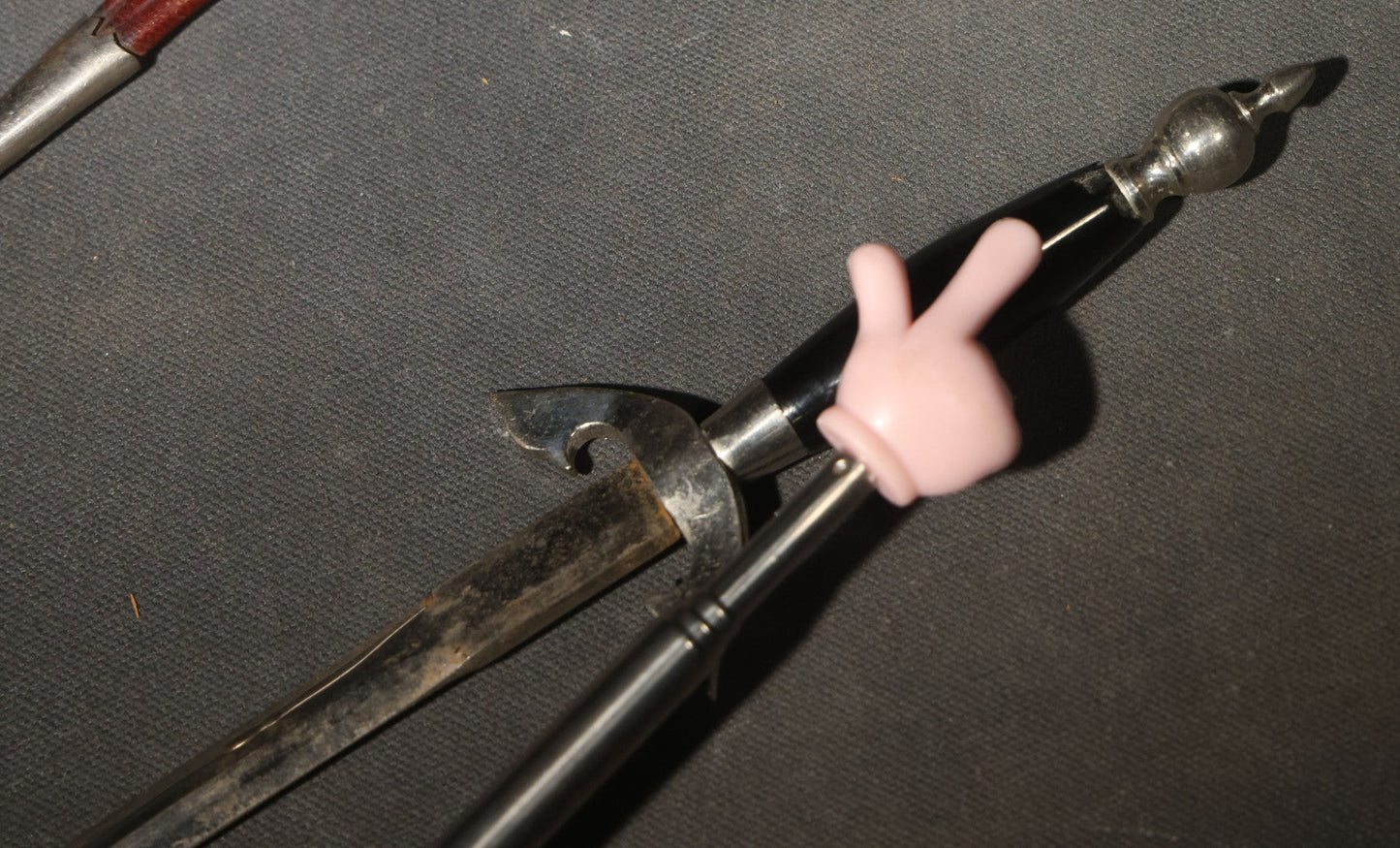 Vintage Dagger-Style Letter Opener with Scabbard, Dark Handle and Red Leather Sheath with Metal Fittings