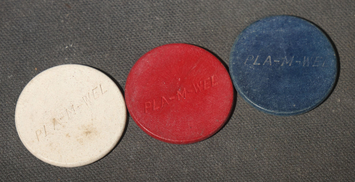 Vintage Grouping of Pla-M-Wel Clay Poker Chips in Red, White, and Blue