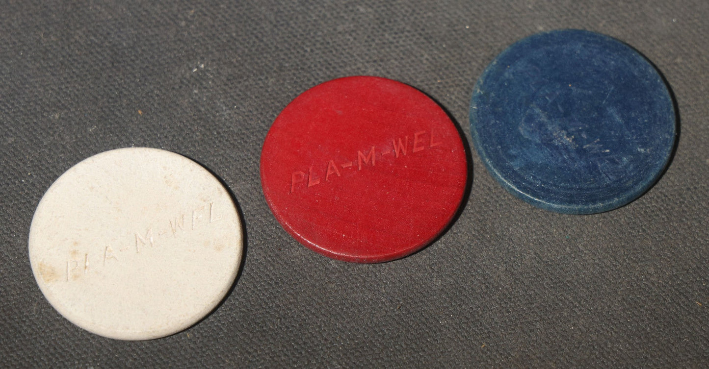 Vintage Grouping of Pla-M-Wel Clay Poker Chips in Red, White, and Blue