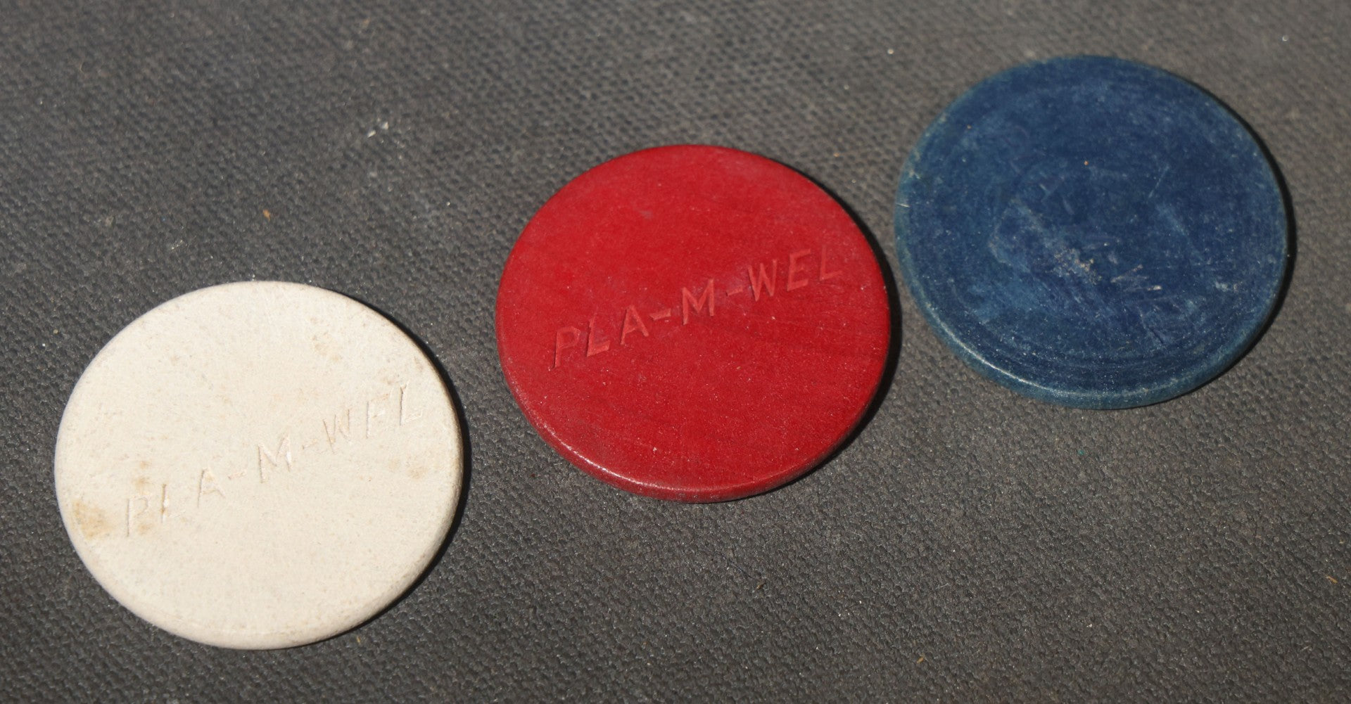 Vintage Grouping of Pla-M-Wel Clay Poker Chips in Red, White, and Blue