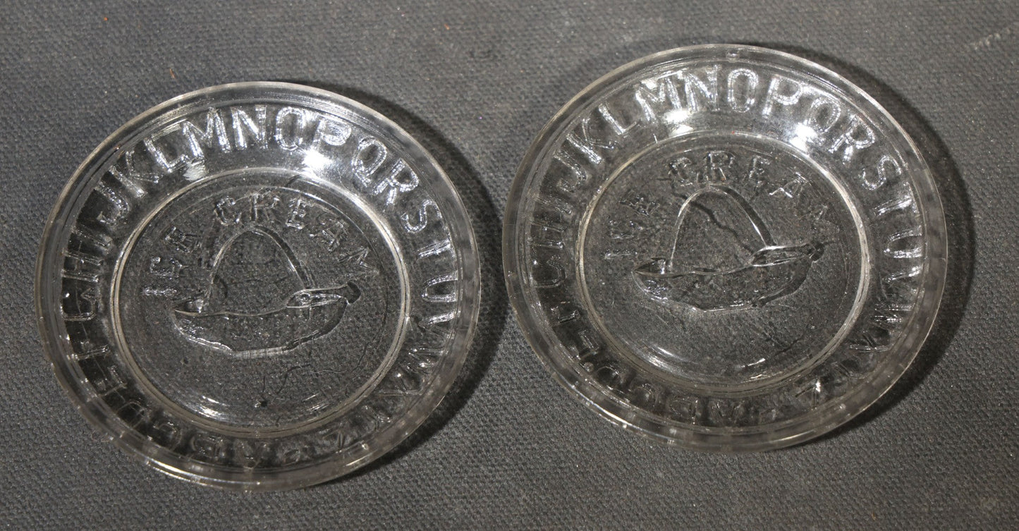 Pair of Vintage Pressed Glass ABC Alphabet Plates with Central Ice Cream Dish Motif